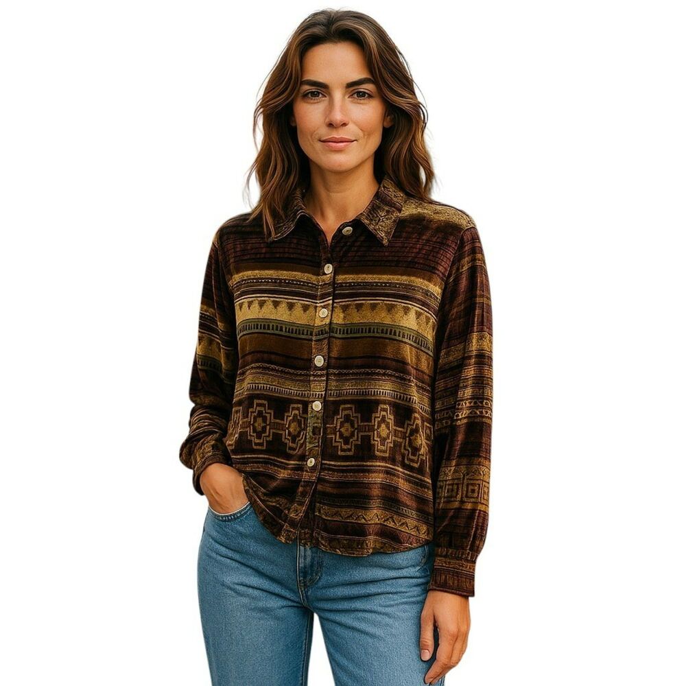 KiKo Multicolor Velvet Silk Button-Down Blouse Size M Brand New #127